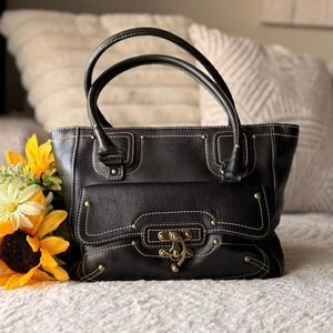 Nordstrom Black Pebbled LeatherSatchel Handbag Contrast Stitching Brass Hardware